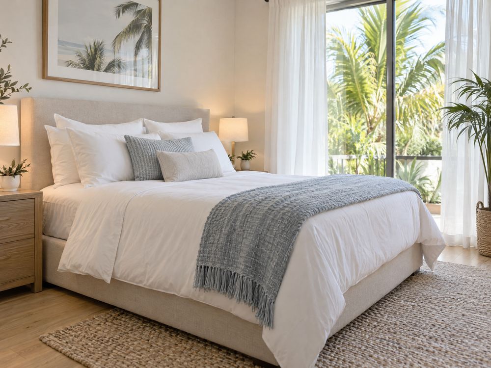 Freshly made bed in a bright bedroom