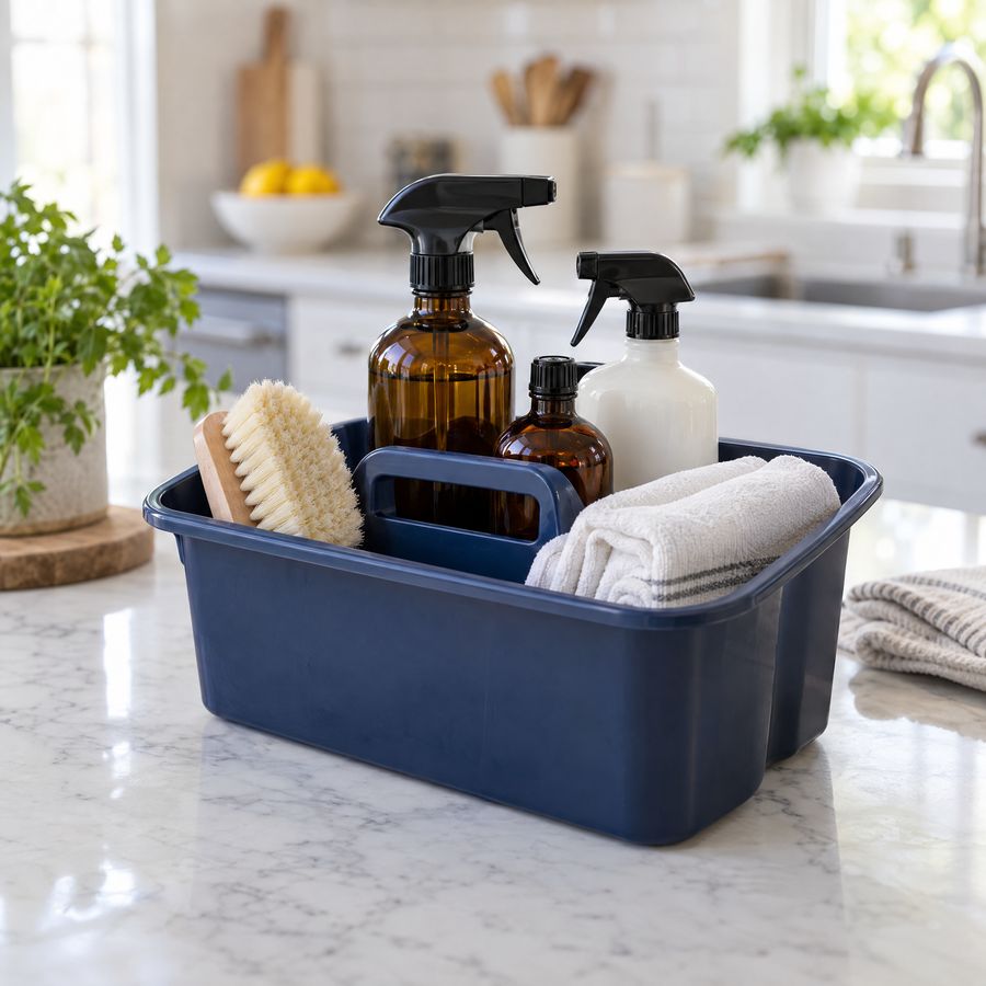 Cleaning caddy with spray bottles, brush and cloths