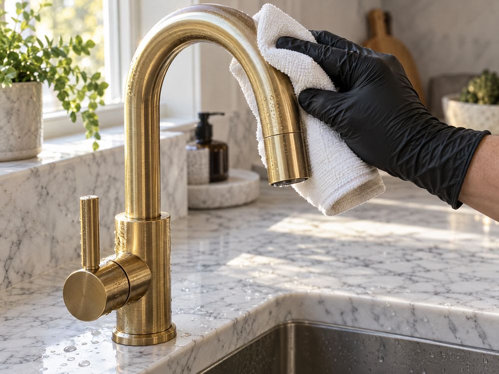 Gloved hand polishing a brass kitchen faucet