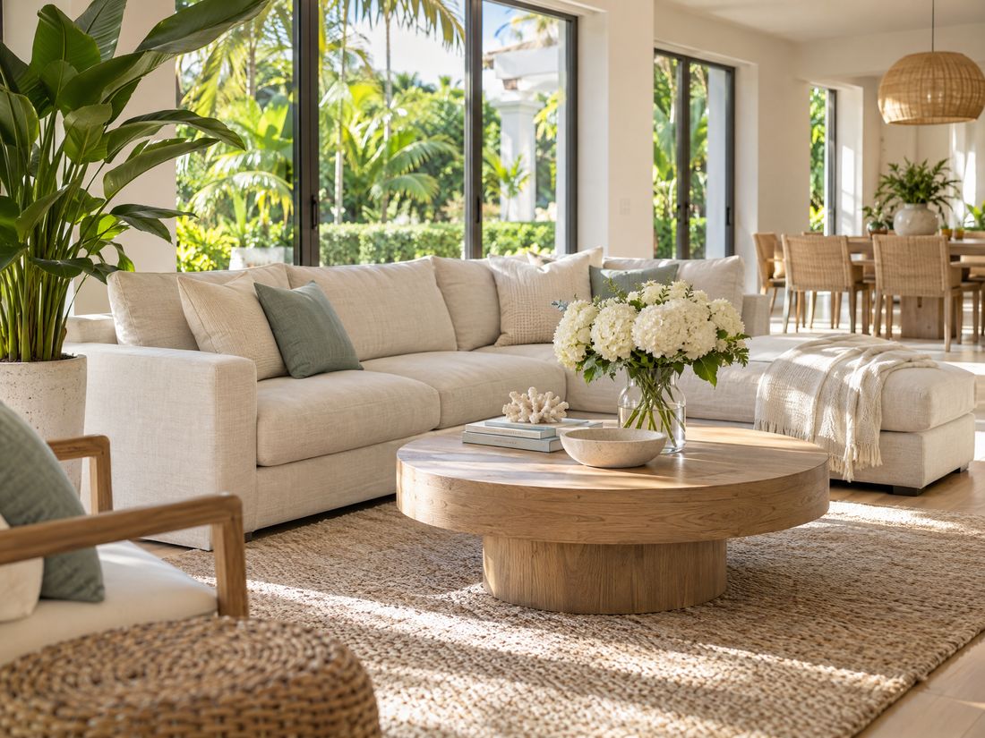 Tidy living room with sofa and round wooden table