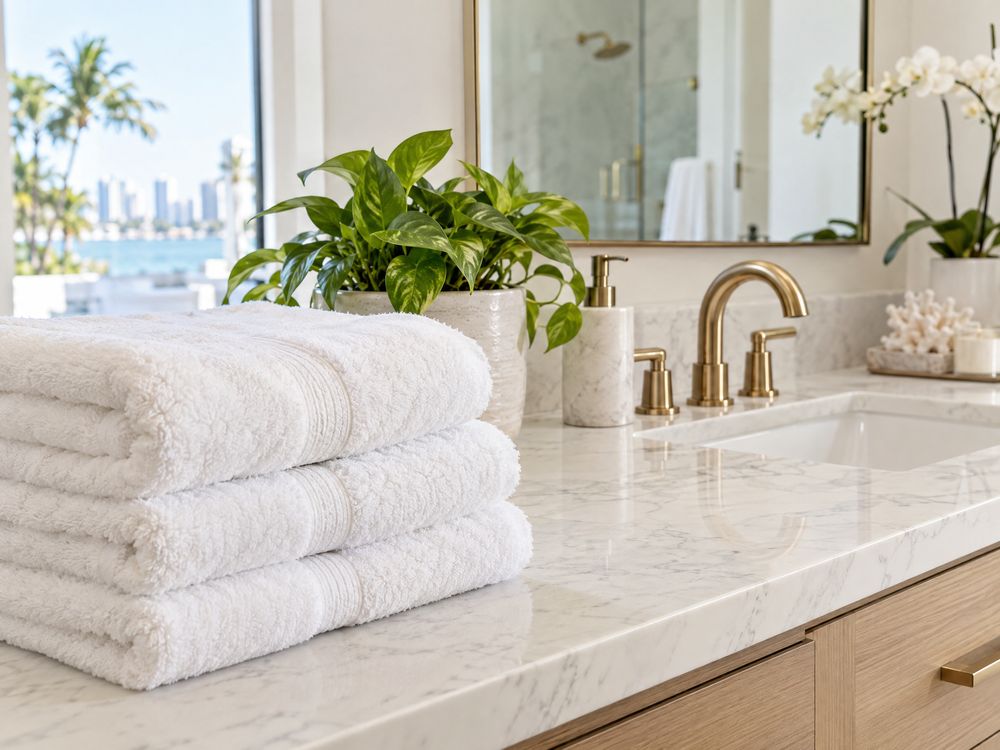 Folded white towels on a clean bathroom vanity